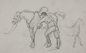 Karol Kossak (1896-1975), Stajenny czyszczący konia, szkic konia, 1922