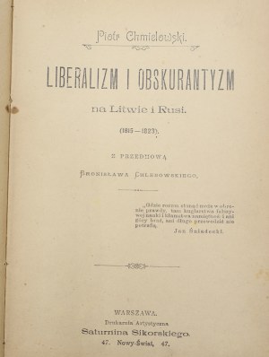 Piotr Chmielowski, Liberalism and obscurantism in Lithuania and Russia : (1815-1823).