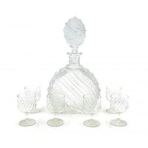 A decanter with six glasses,