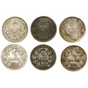 Cesarstwo Niemieckie, zestaw 3 x 1/2 marki, 1905 A, 1906 A, 1909 A, Berlin