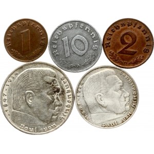 Germany Third Reich 1 Reichspfennig - 5 Reichsmark 1936-1940 Lot of 5 coins