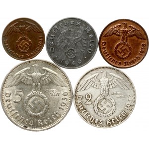 Germany Third Reich 1 Reichspfennig - 5 Reichsmark 1936-1940 Lot of 5 coins