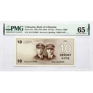 Lithuania 10 Litu 1991(ND1993) Darius and Girénas PMG 65 Gem Uncirculated EPQ