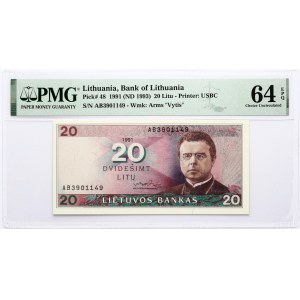 Lithuania 20 Litu 1991 (ND 1993) Maironis PMG 64 Choice Uncirculated EPQ