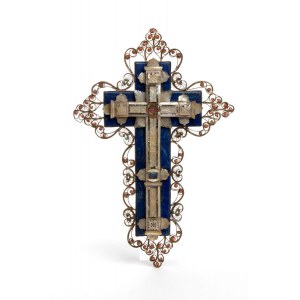 Reliquary cross in mother-of-pearl, lapis lazuli and coral