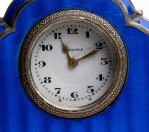 Art Déco silver, guilloché enamel and ivory table clock