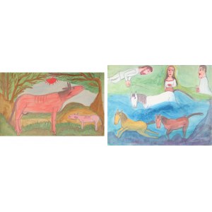 Marianna WIŚNIOS (1909 (?)-1996), Krowy i konie (zestaw dwóch prac) (1994)