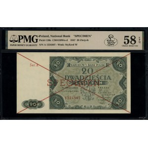 20 złotych, 15.07.1947; seria A, numeracja 1234567, dwu...
