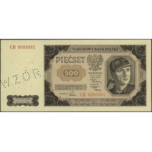 500 złotych, 1.07.1948; seria CB, numeracja 0000001, pe...