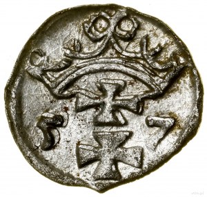 Denier, 1557, Gdansk ; variété avec couronne simple ; Bialk.-Sz...