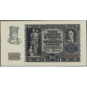 20 złotych, 1.03.1940; seria AB, numeracja 000000, bez ...