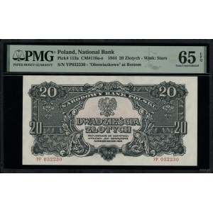 20 złotych, 1944; w klauzuli OBOWIĄZKOWE, seria YP, rza...