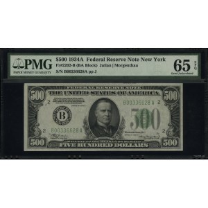 New York ; 500 dollars, 1934A ; série B00336628A, vert...