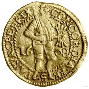 Dukat, 1608; Aw: W obwódce perełkowej rycerz stojący w ...