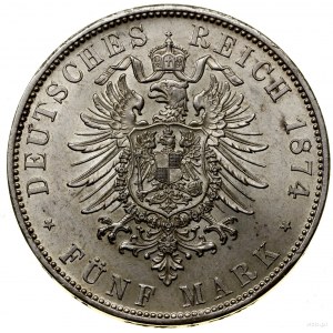 5 marek, 1874 D, Monachium; AKS 194, Jaeger 42; nakład ...