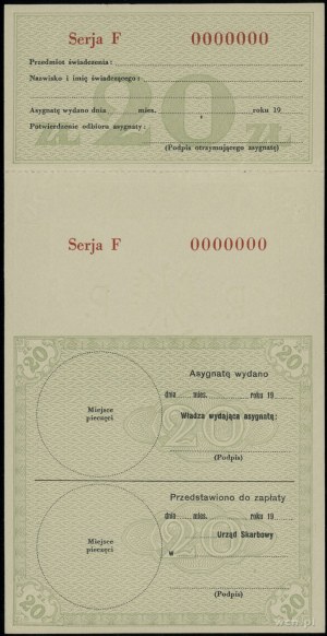 Assignment for 20 zlotys of the Ministry of the Treasury, [1939]; ser...