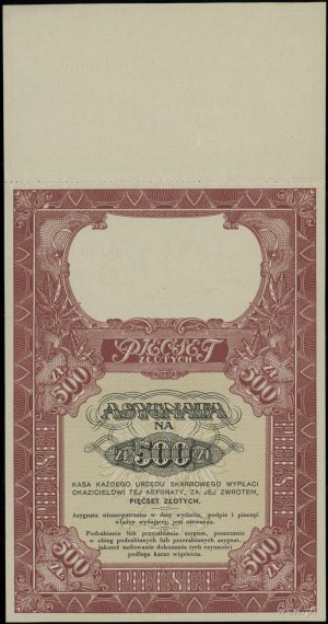 Assignment for 500 zlotys of the Treasury Ministry, [1939]; se...