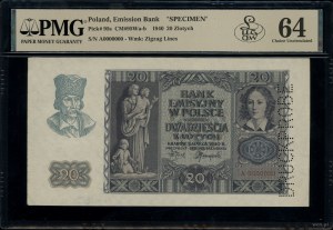 20 zloty, 1.03.1940; series A, numbering 0000000, perf...