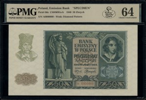 50 zloty, 1.03.1940; series A, numbering 0000000, no ...