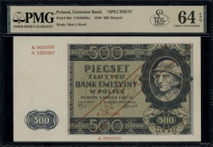 500 zloty, 1.03.1940; series A / A, numbering 0000000 ...