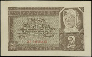 2 zloty, 1.03.1941; AF series, numbering 1610816, bankno...