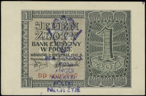 1 zloty, 1.08.1941; BD series, numbering 8065787, with ste...