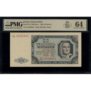 20 złotych, 1.07.1948; seria AL., numeracja 3320601; Lu...