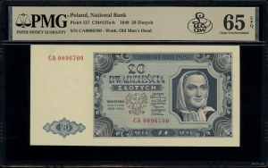 20 zloty, 1.07.1948; CA series, numbering 0096700; Luc...