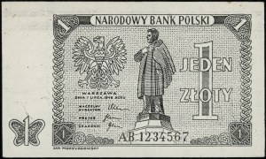 1 zloty banknote design, 1.07.1948; AB series, numbered....