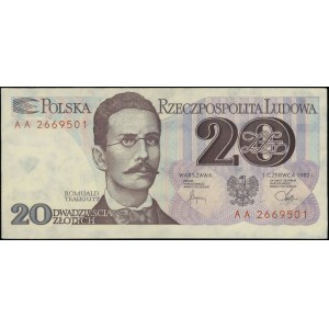 20 złotych, 1.06.1982; seria AA, numeracja 2669501, ban...