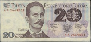 20 zloty, 1.06.1982; AA series, numbering 2669501, ban...