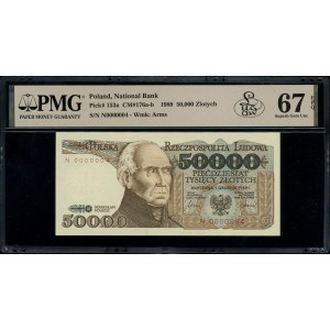 50.000 złotych, 1.12.1989; rzadsza seria N, bardzo nisk...