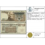 50.000 złotych, 1.12.1989; rzadsza seria N, bardzo nisk...