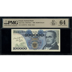 100.000 złotych, 1.02.1990; rzadka seria CA, numeracja ...