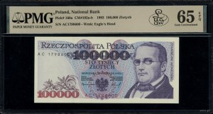 100,000 zloty, 16.11.1993; rare AC series, numbering...