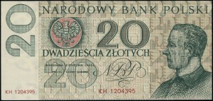 20 zloty, 2.01.1965; KH series, numbering 1204395, sample...