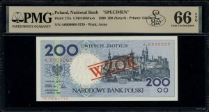 200 zloty, 1.03.1990; series A, numbering 0000000, check...