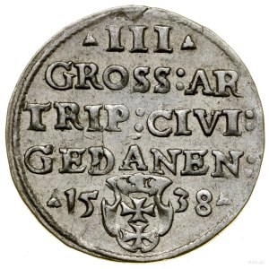 Trojak, 1538, Gdansk; in the obverse legend TO PRVSS, in the le...