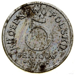 5 fenigów, 1917 F, Stuttgart; moneta wybita stemplami l...