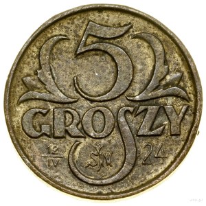 5 groszy, 1923, Warszawa; na rewersie data 12 IV 24 i m...