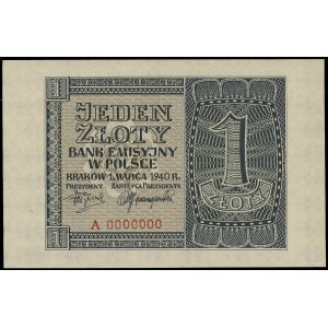 1 zloty, 1.03.1940; serie A, numerazione 0000000, senza...