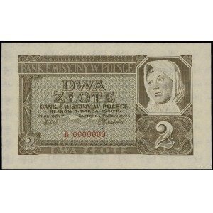 2 złote, 1.03.1940; seria B, numeracja 0000000, bez per...