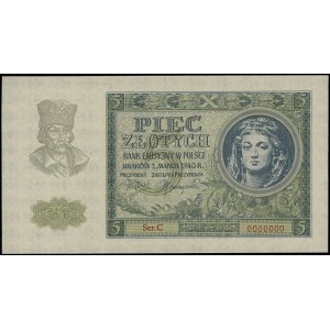 5 złotych, 1.03.1940; seria C, numeracja 0000000, bez p...