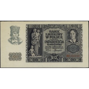 20 zloty, 1.03.1940; AB series, numbering 000000, no ...