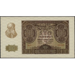 100 zloty, 1.03.1940; series A, numbering 0000000, no...