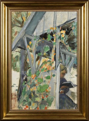 Wojciech WEISS (1875-1950), Żona artysty czytająca w altanie