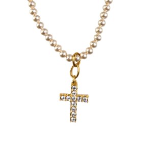 A pearl necklace with a cross encrusted with Swarovski crystals