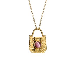 Gold-plated padlock necklace with a light pink cabochon