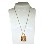 Gold-plated padlock necklace with a light pink cabochon