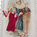 Świąta Anna, Piękny XIX wieczny obrazek z Prawdziwym Materiałem !!! Ręcznie Robiony